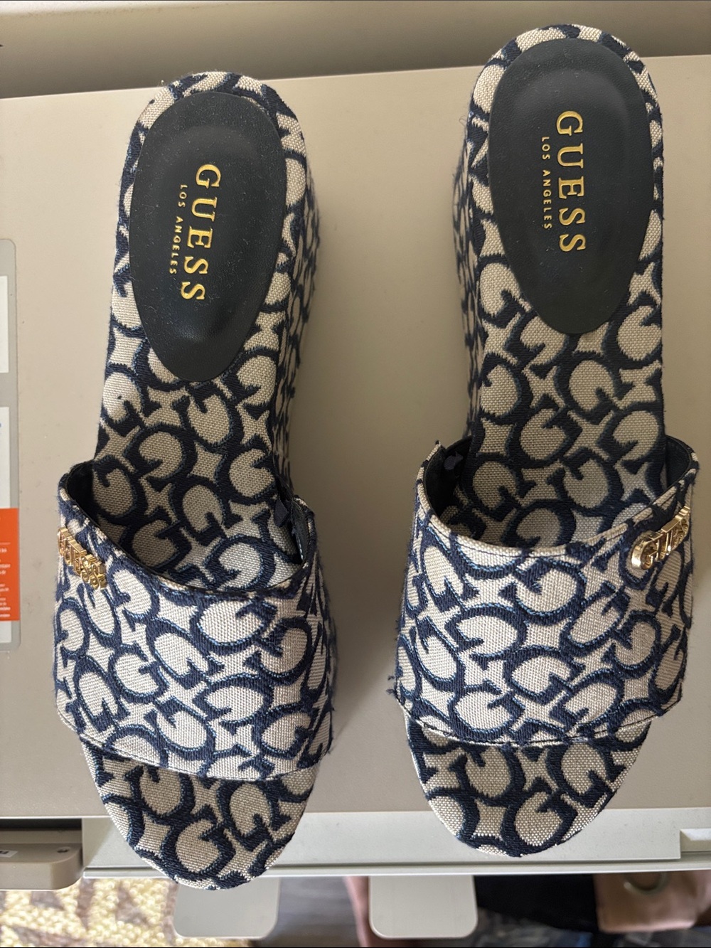 GUESS Navy & Cream Monogram Open-Toe Slide Mules